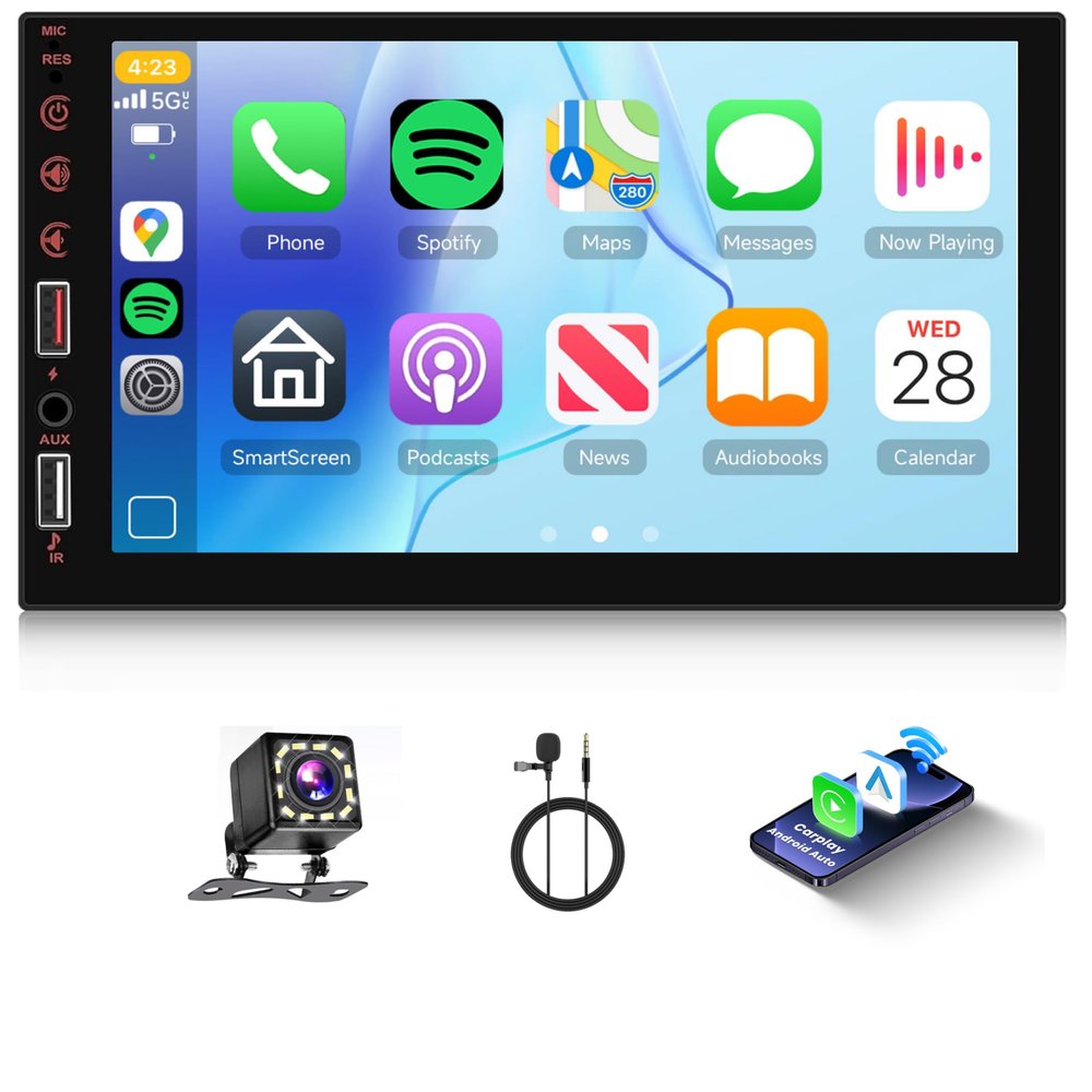 7 Inch Double Din Car Stereo-IPS Touch Screen Car Radio with Wireless Carplay Android Auto,Bluetooth,Mirror Link,EQ,SWC,FM Radio,USB/AUX, Car Audio Receivers with Camera