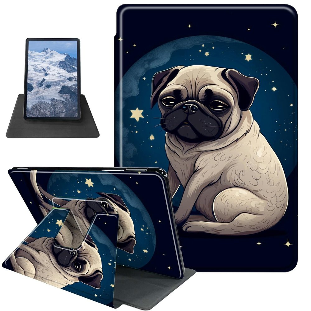 BFDHGQZC Pug Dog Moon Case for 7" Kindle Paperwhite (12th Generation,2024)&Kindle Colorsoft Signature Edition 7"(2024/2025) 360 Degree Rotating Stand Protective Cover with Auto Sleep/Wake