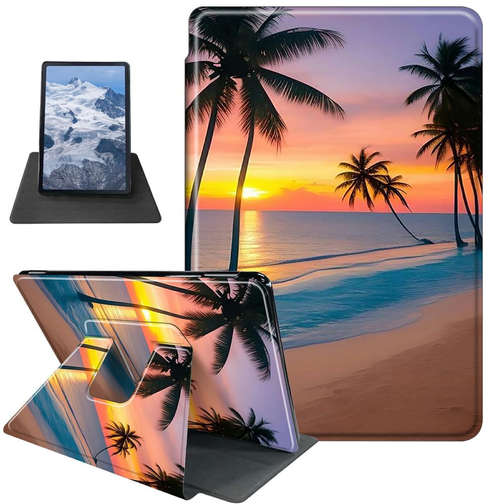 BFDHGQZC Sunset Beach Palm Trees Case for 7" Kindle Paperwhite (12th Generation,2024)&Kindle Colorsoft Signature Edition 7"(2024/2025) 360 Degree Rotating Stand Protective Cover with Auto Sleep/Wake