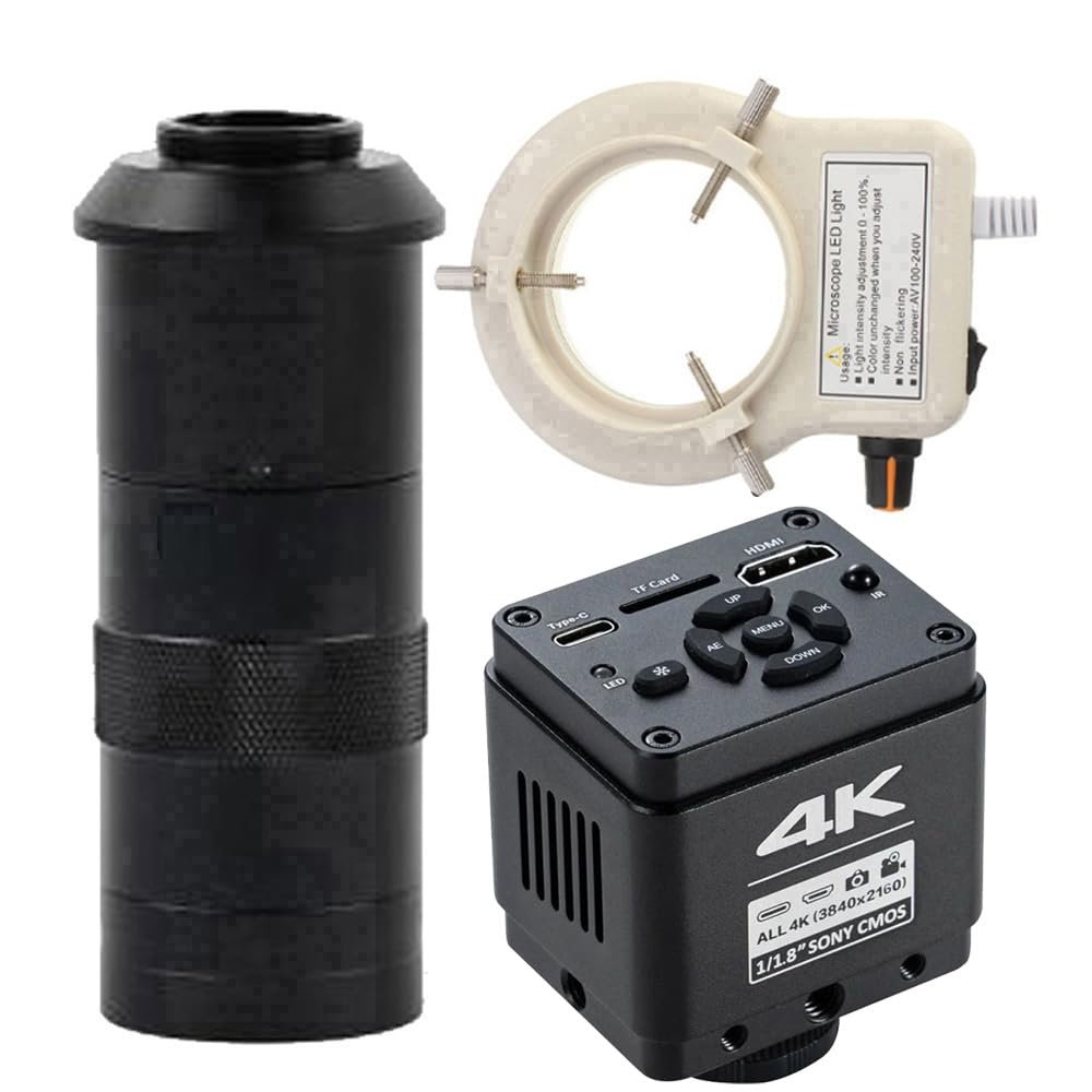 4K Digital Electronic Video Microscope Camera Type-C HDMI USB Industry Magnifier & 100X C-Mount Lens With 56-LED Adjustable Ring Light - Black