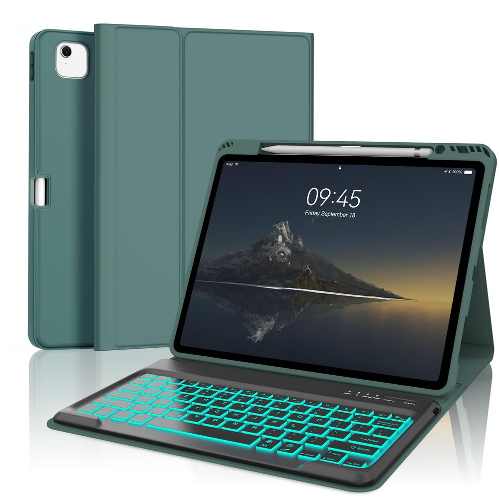 IVEOPPE KeyboardCase for iPad Air 13 (M2 2024/M3 2025) & iPad Pro 12.9 inch (3th/4th/5th/6th Generation), 7 ColorBacklit, WirelessDetachable BluetoothKeyboard with Auto Sleep/Wake Function, DeepGreen