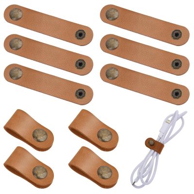 10pcs Leather Cord Organizer Straps Travel Cord Leather Snap Brown PU Phone Cord Ties for Charging Cables Reusable Leather Cord Keeper Leather Cable Ties Snap Closure for Charging Cord Power Cord