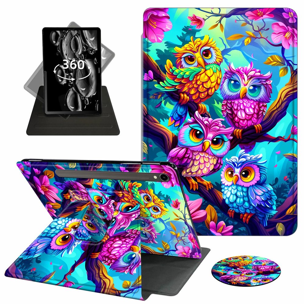 ACWDMKH Case for Samsung Galaxy Tab S9 FE 5G 10.9 Inch/Galaxy Tab S9 11 Inch 2023,360 Degree Rotating Swivel PU Leather Stand Slim Flip Folio Cover with Auto Wake/Sleep,Colorful Owl Tree