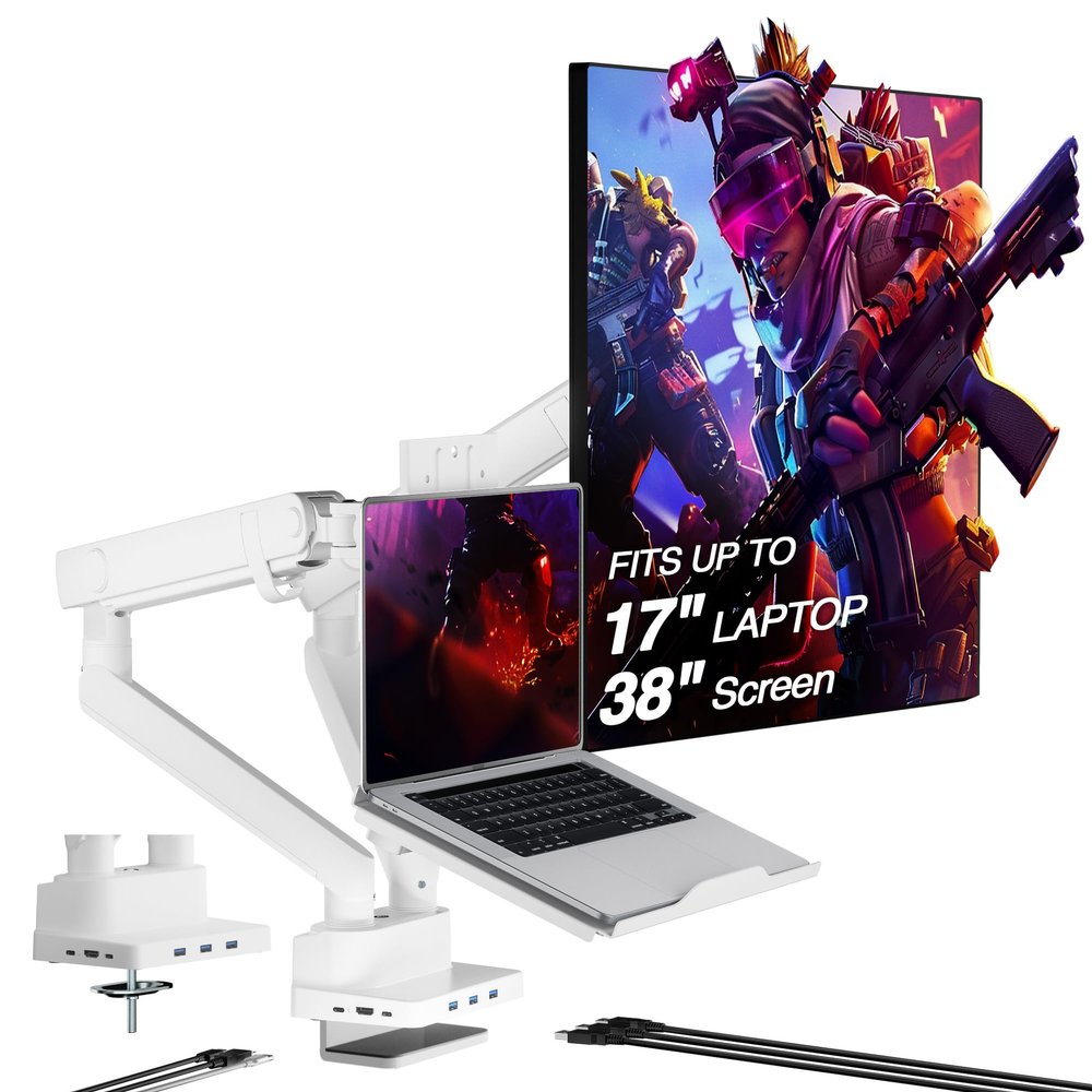 AVLT Dual 17-38" Monitor Arm Desk Mount with 17" Laptop Tray and USB-C Docking Station, HDMI 4K60Hz, USB-A 5Gbps, Ethernet, 100W PD, Fits Two Flat/Curved Monitor - White