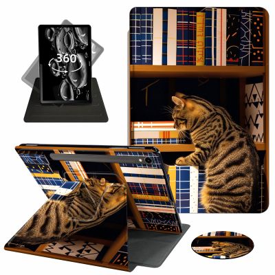 ACWDMKH Case for Samsung Galaxy Tab S9 FE 5G 10.9 Inch/Galaxy Tab S9 11 Inch 2023,360 Degree Rotating Swivel PU Leather Stand Slim Flip Folio Cover with Auto Wake/Sleep,Cat Bookshelf