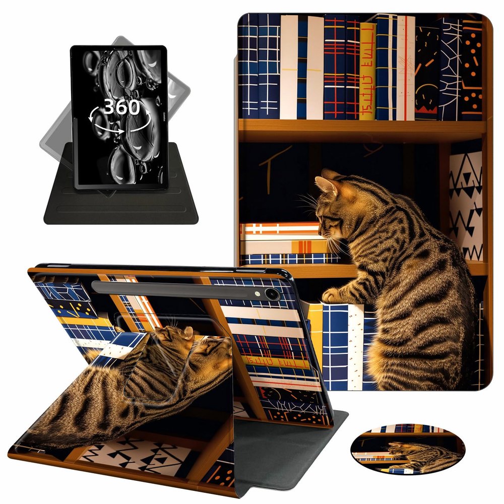ACWDMKH Case for Samsung Galaxy Tab S9 FE 5G 10.9 Inch/Galaxy Tab S9 11 Inch 2023,360 Degree Rotating Swivel PU Leather Stand Slim Flip Folio Cover with Auto Wake/Sleep,Cat Bookshelf