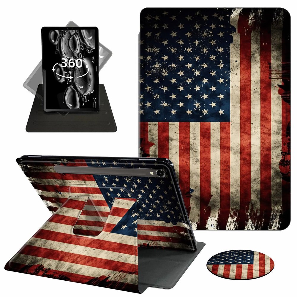 ACWDMKH Case for Samsung Galaxy Tab S9 FE 5G 10.9 Inch/Galaxy Tab S9 11 Inch 2023,360 Degree Rotating Swivel PU Leather Stand Slim Flip Folio Cover with Auto Wake/Sleep,Retro American Flag