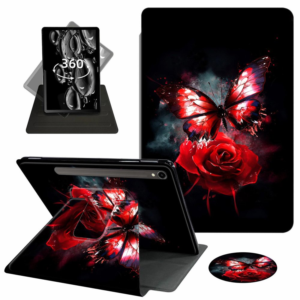 ACWDMKH Case for Samsung Galaxy Tab S9 FE 5G 10.9 Inch/Galaxy Tab S9 11 Inch 2023,360 Degree Rotating Swivel PU Leather Stand Slim Flip Folio Cover with Auto Wake/Sleep,Red Butterfly Flower