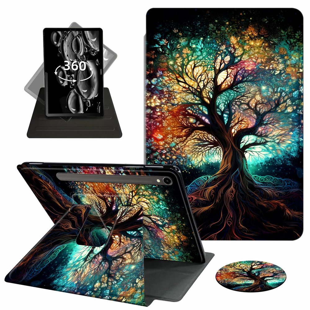 ACWDMKH Case for Samsung Galaxy Tab S9 FE 5G 10.9 Inch/Galaxy Tab S9 11 Inch 2023,360 Degree Rotating Swivel PU Leather Stand Slim Flip Folio Cover with Auto Wake/Sleep,Colorful Tree
