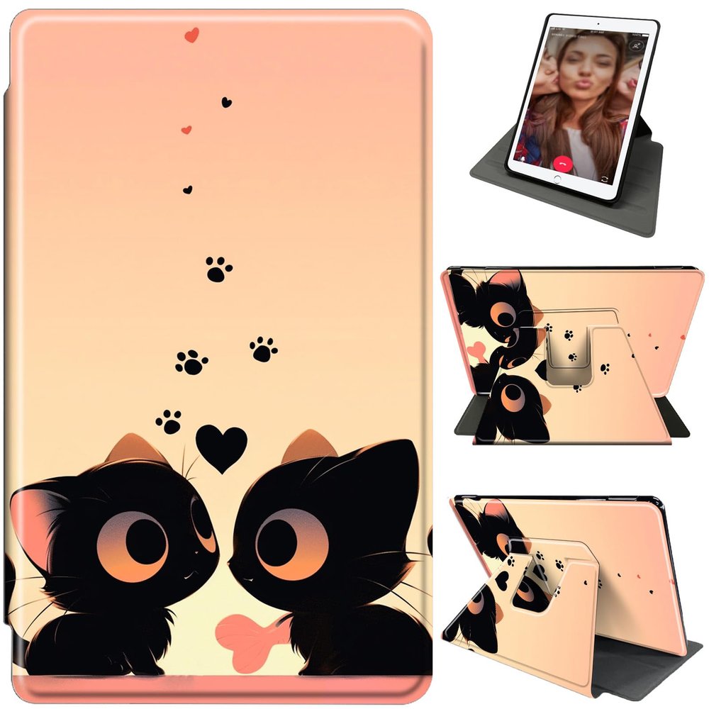 Case for 6.8" Kindle Paperwhite 11th Generation 2021 & Kindle Paperwhite Signature Edition with 360Rotating Stand, Lightweight Shockproof PU Leather Cover with Auto Wake/Sleep, Black Cat Love