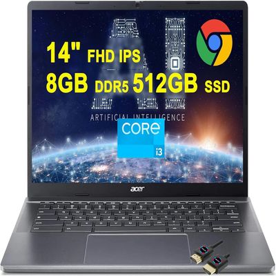acer Chromebook Plus 514 Google AI Laptop | 14" FHD IPS Multi-Touch Display | Intel Octa-core i3-N305 | 8GB DDR5 512GB SSD | Type-C Free Google AI/2TB Loud Storage for 1-Year Grey + HDMI Cable