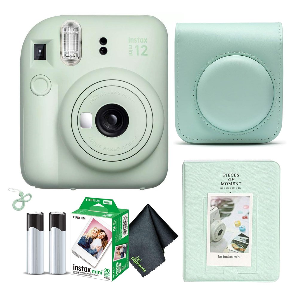 Fujifilm Instax Mini 12 Instant Camera Mint Green Bundle with Fuji Instax Mini Film Value Pack (20 Sheets) + Protective Carrying Case + Photo Album + Microfiber Cleaning Cloth