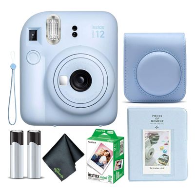 Fujifilm Instax Mini 12 Instant Camera Pastel Blue Bundle with Fuji Instax Mini Film Value Pack (20 Sheets) + Protective Carrying Case + Photo Album + Microfiber Cleaning Cloth