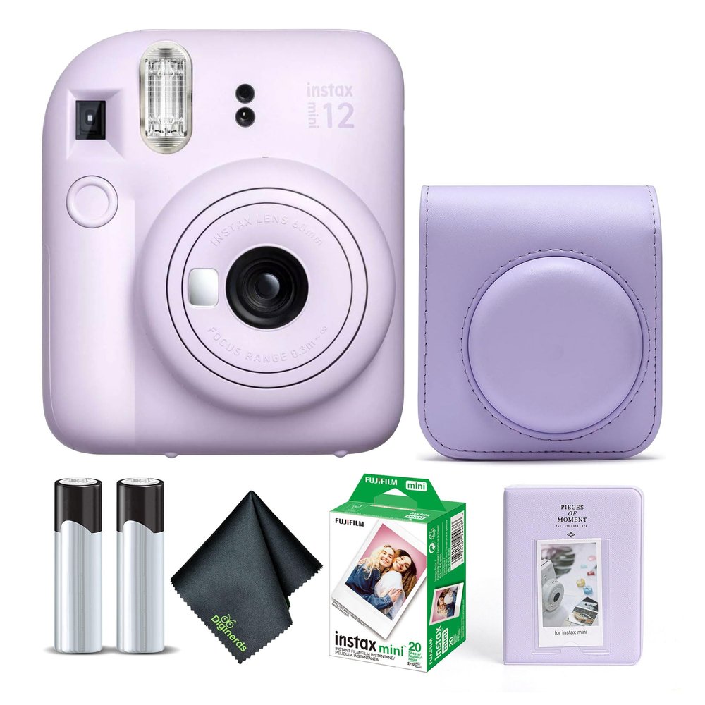 Fujifilm Instax Mini 12 Instant Camera Lilac Purple Bundle with Fuji Instax Mini Film Value Pack (20 Sheets) + Protective Carrying Case + Photo Album + Microfiber Cleaning Cloth