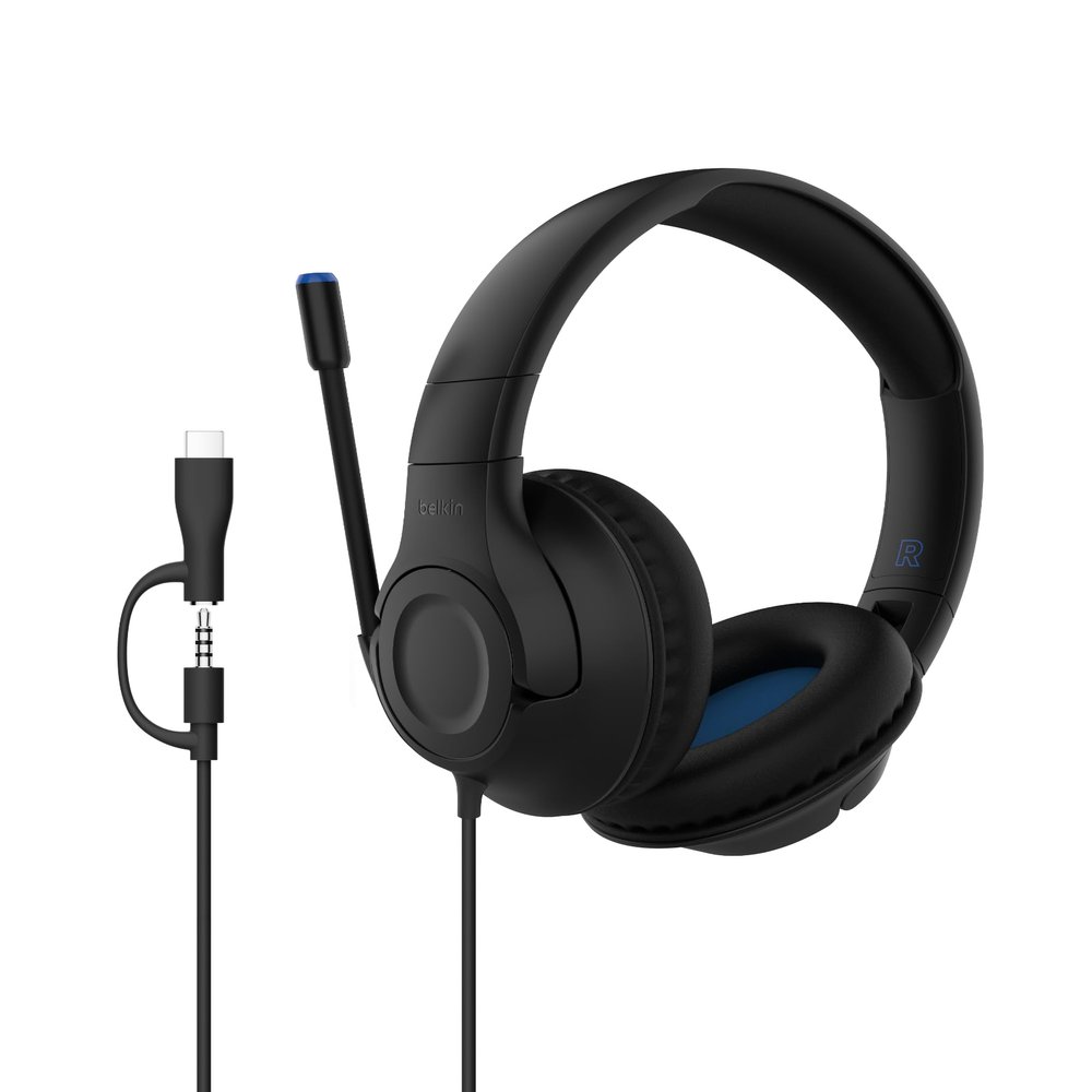 Belkin SoundForm Inspire Wired Over-Ear Headset for Kids, Online Learning & Travel w/Built-in Boom Mic, 85dB Safe Volume Limit - USB-C & 3.5mm - Compatible w/iPhone, iPad, Galaxy & More - Black