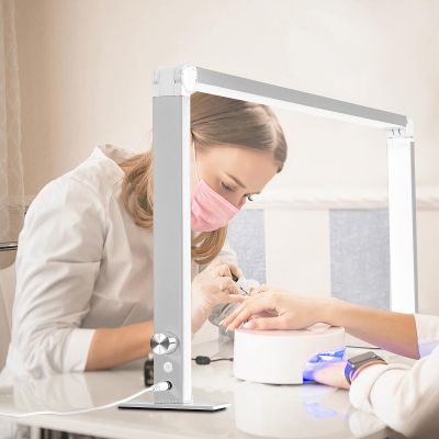 DLITISH Foldable Half Moon Light for Nail Desk, 48W Square Nail Table Lamp, 33in LED Desk Lamp with Knob, 3 Modes 3000-6000K Dimmable (Silver)
