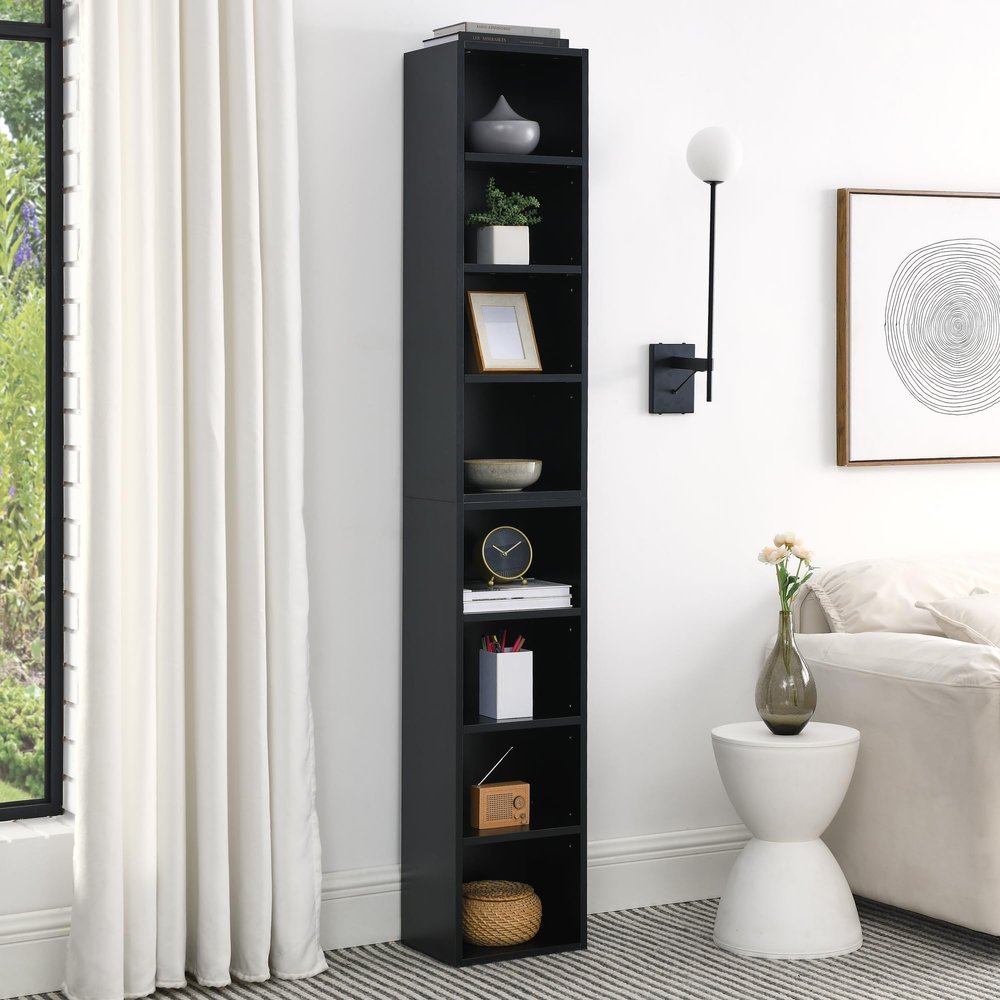 AnoYishev 8-Tier Media Tower Rack, 11.6 X 9.3 X 71 Inches CD DVD Slim Storage Cabinet with Adjustable Shelves, Tall Narrow Bookcase Display Bookshelf for Home Office (Black)