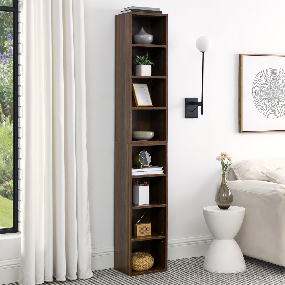 AnoYishev 8-Tier Media Tower Rack, 11.6 X 9.3 X 71 Inches CD DVD Slim Storage Cabinet with Adjustable Shelves, Tall Narrow Bookcase Display Bookshelf for Home Office (Walnut)