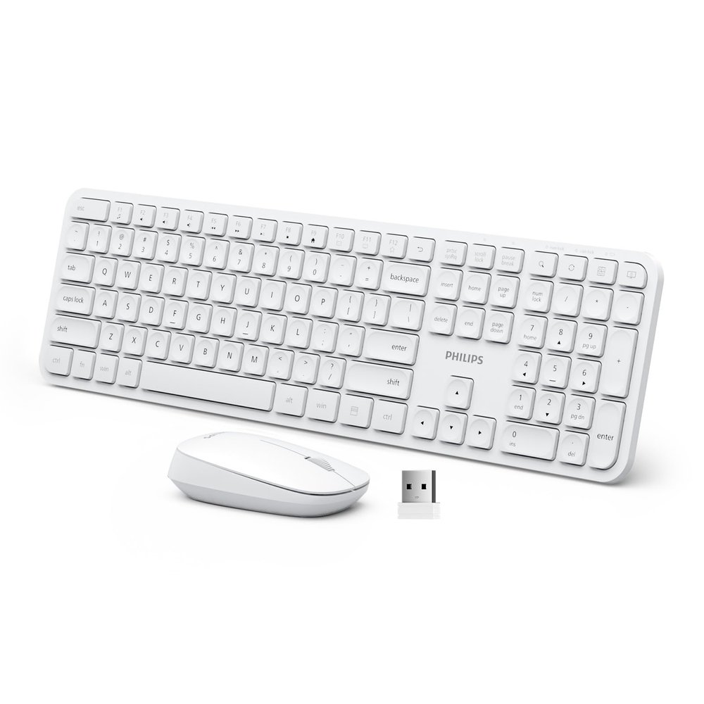 Philips Wireless Keyboard and Mouse Combo,2.4G 2 in 1 Receiver Cordless Full Size Keyboard and Mice,Ultra Slim and Quiet Keyboard & Ergonomic Mice for Windows XP/7/8/10,Mac OS X10.4 or Higher-White