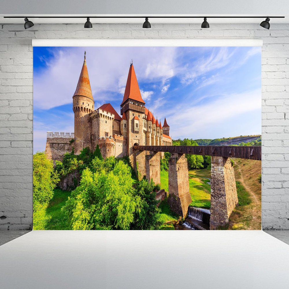 CHNYWORK 7ftx5ft Hunyad Castle Backdrop Romania Historic Architecture Corvin's Castle with Wooden Bridge Sunny Background Romania Travel Castle Party Decor Photo Studio Props Wallpaper