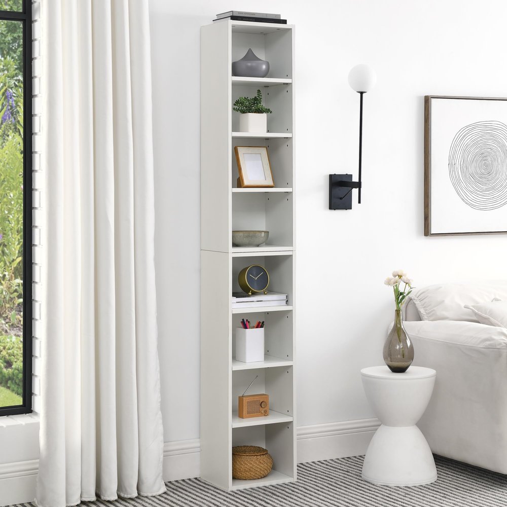 AnoYishev 8-Tier Media Tower Rack, 11.6 X 9.3 X 71 Inches CD DVD Slim Storage Cabinet with Adjustable Shelves, Tall Narrow Bookcase Display Bookshelf for Home Office (White)