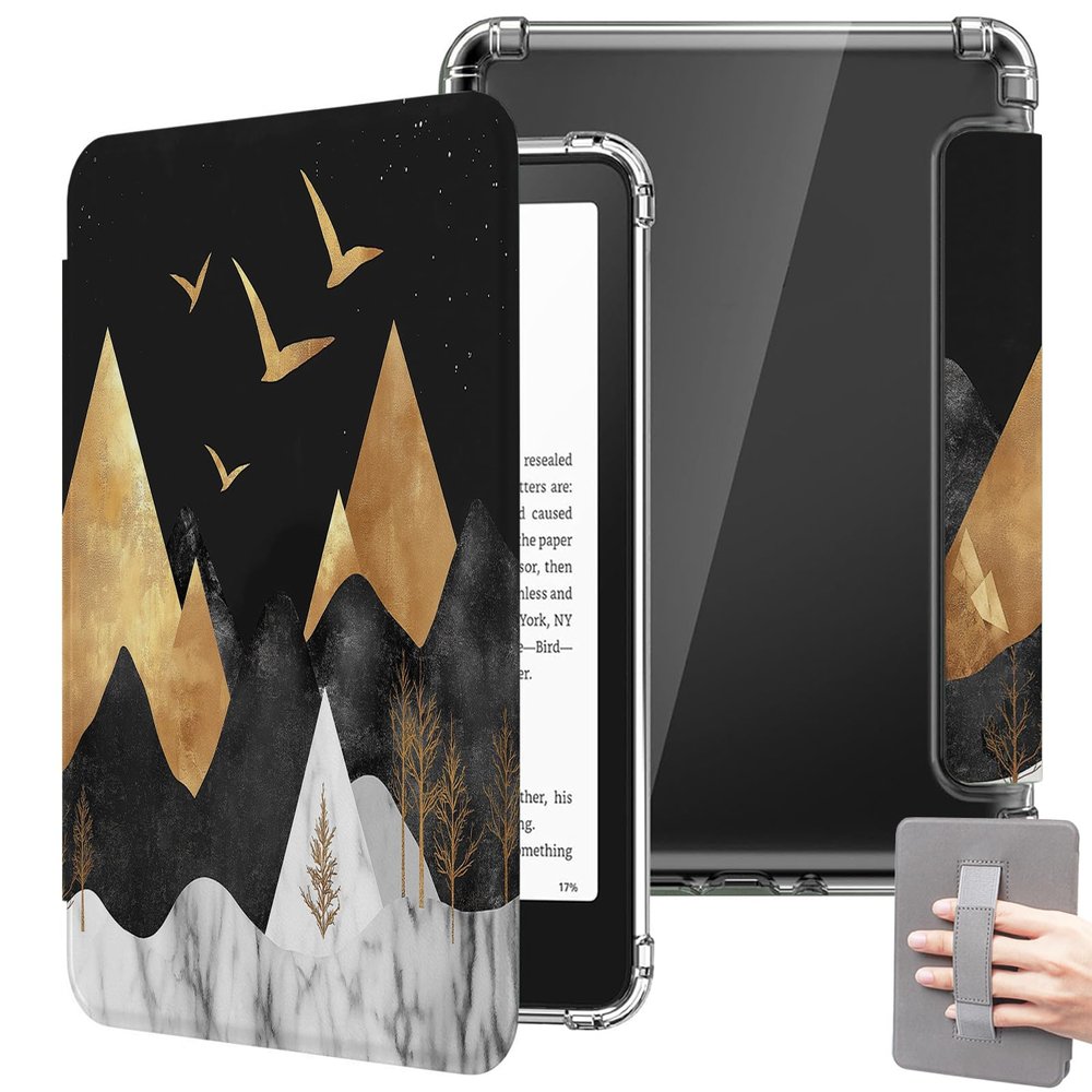 Case for 7" Kindle Paperwhite 12th Generation 2024 & Kindle Colorsoft Signature Edition 2024, Lightweight Clear Back Protective Shell with Hand Strap & Auto Wake/Sleep - Abstract Golden Mountain