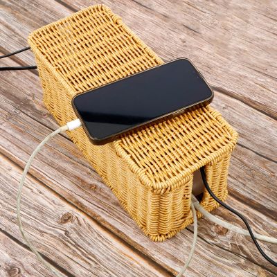 Cable Management Box, Large Capacity Basket Holder, Imitation Rattan Cord Hider Organizer Box, Versatile Cable Organizer Box, Safe Under Desk Cord Organizer for Hiding Power Strips & Cords