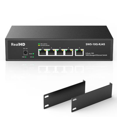 5 Port 10Gb RJ45 Web Managed Ethernet Network Switch, 5 x 10 Gigabit Base-T Port | 10Gbps Multi-Gig Swicth Support 5G-2.5G-1G-100M | 19 Inch Rack Mount | 100G Bandwidth | Metal Casing | Built-in Fan