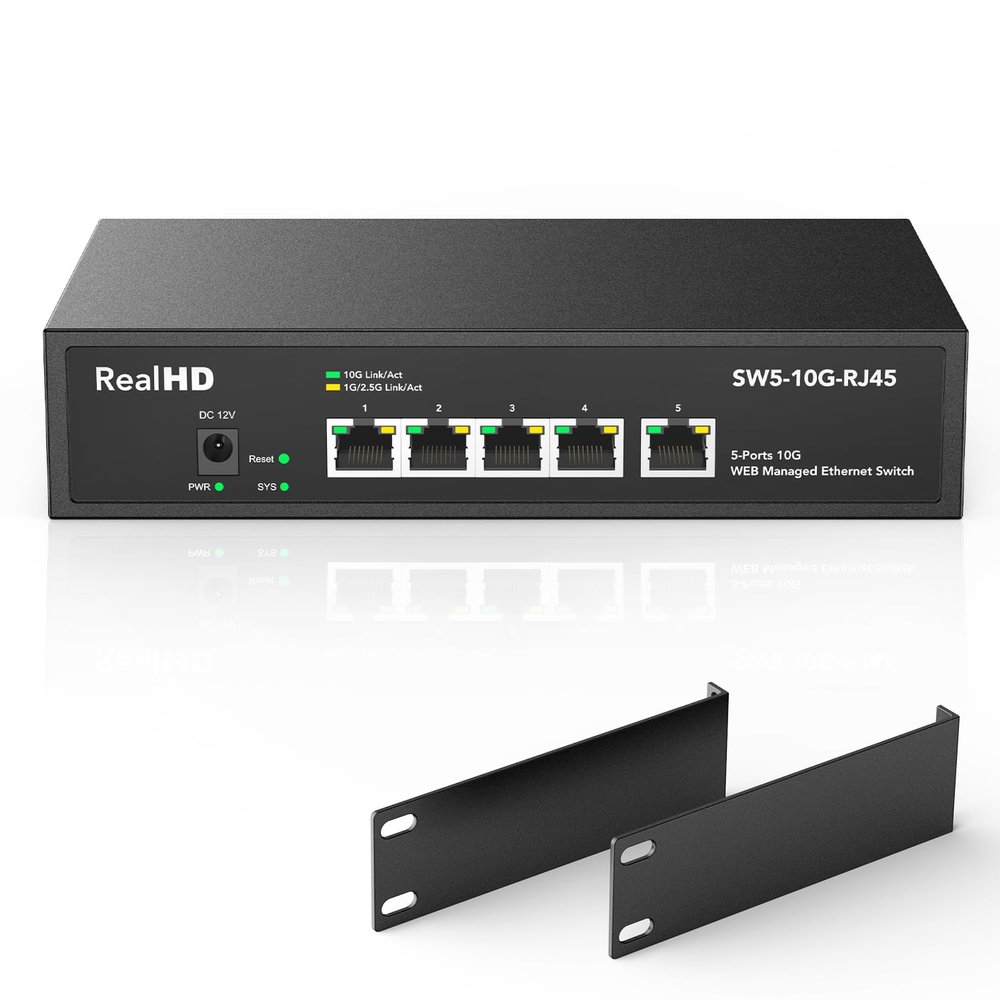 5 Port 10Gb RJ45 Web Managed Ethernet Network Switch, 5 x 10 Gigabit Base-T Port | 10Gbps Multi-Gig Swicth Support 5G-2.5G-1G-100M | 19 Inch Rack Mount | 100G Bandwidth | Metal Casing | Built-in Fan