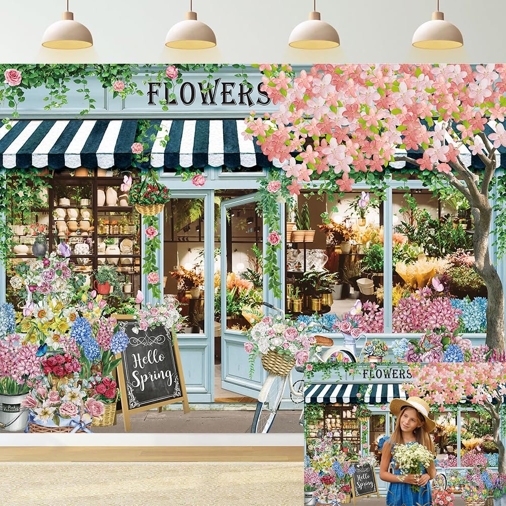 Flowers Shop Backdrop for Photography 7x5FT Spring Florals Butterfly Tea Party Background Hello Spring Banner Decorations Supplies Photo Props