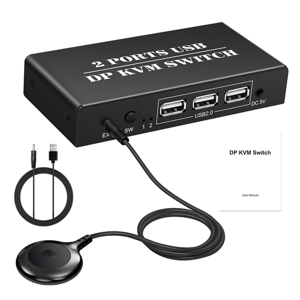 4K Displayport Switcher for 2 Computers Share 1 Keypads Mouse 4K@60Hz 3 USB2.0 Port for Printer with Controller