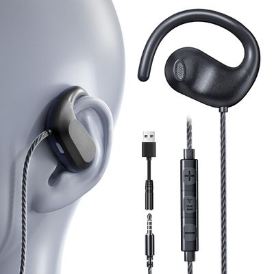 3.5mm Wired Earbuds USB Wired Headphones | Open Ear Headphones with Mic | Running Earbuds with Rotatable Earhook & Volume Control | Corded Plug-in for Traditional Phones, PC, Car AUX, Nintendo Switch