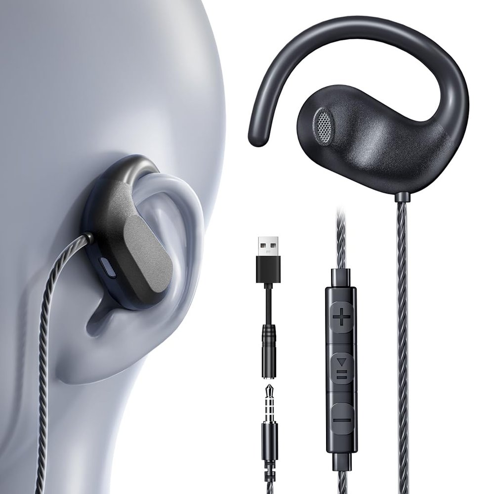 3.5mm Wired Earbuds USB Wired Headphones | Open Ear Headphones with Mic | Running Earbuds with Rotatable Earhook & Volume Control | Corded Plug-in for Traditional Phones, PC, Car AUX, Nintendo Switch