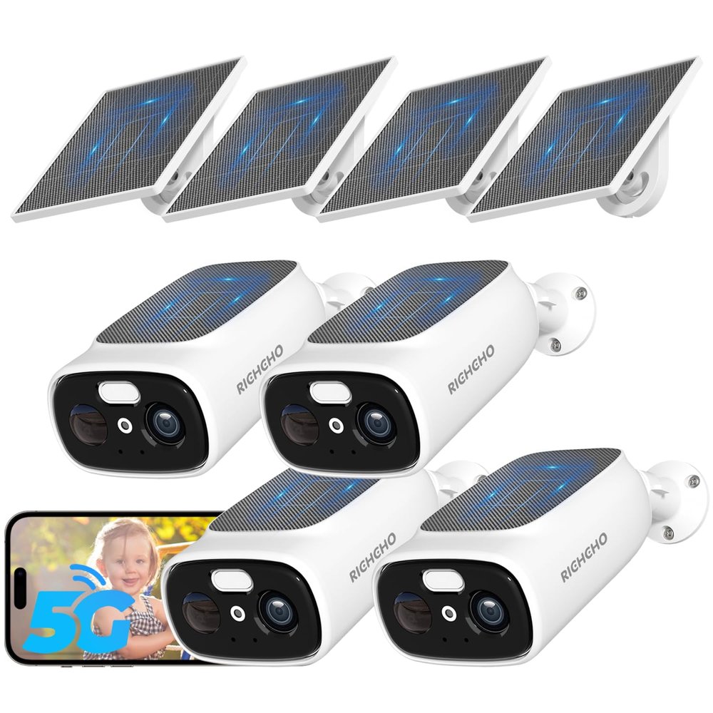 4pc 2.4G/5G WiFi Cameras for Home Security with Double Solar Panels, 2K Solar Security Cameras Wireless Outdoor, Color Night Vision , 2-Way Talk, Spotlight, Siren,IP66, Cloud/SD, AI Detection, W/Alexa