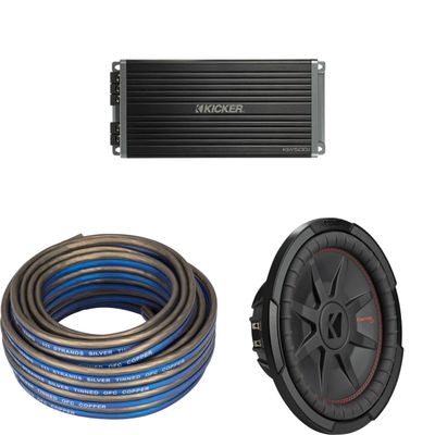 KICKER 48CWRT124 CompRT 12" Subwoofer, DVC, 4-ohm w/ 47Key5001 Amp & Speaker Wire Bundle