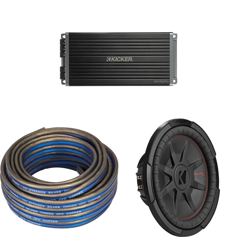 KICKER 48CWRT124 CompRT 12" Subwoofer, DVC, 4-ohm w/ 47Key5001 Amp & Speaker Wire Bundle