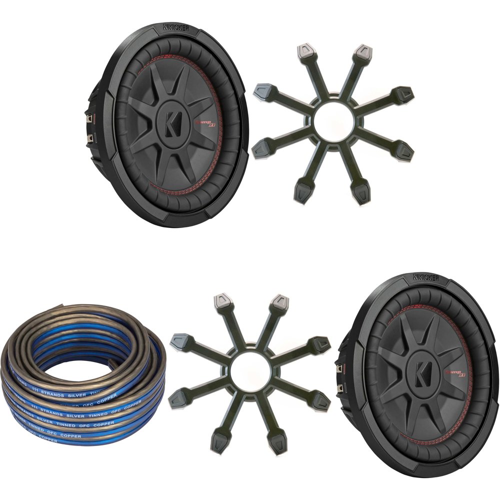 Kicker (2) 48CWRT104 CompRT 10" Subwoofer, DVC, 4-ohm w/Speaker Wire, Grill Bundle