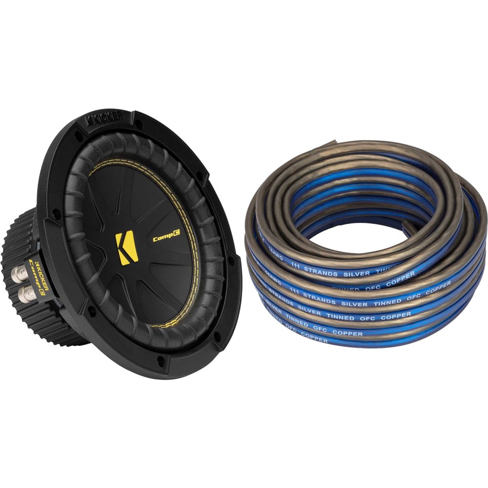 KICKER 50CWCS84 CompC 8" Subwoofer Single Voice Coil 4-Ohm with Speaker Wire Bundle