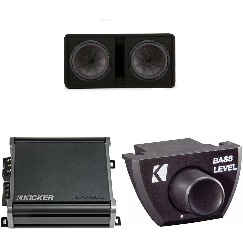 Kicker Comp R 12 Inch Dual Subwoofer in Vented Enclosure Package with 46CXA8001 Amplifier & Bass Knob
