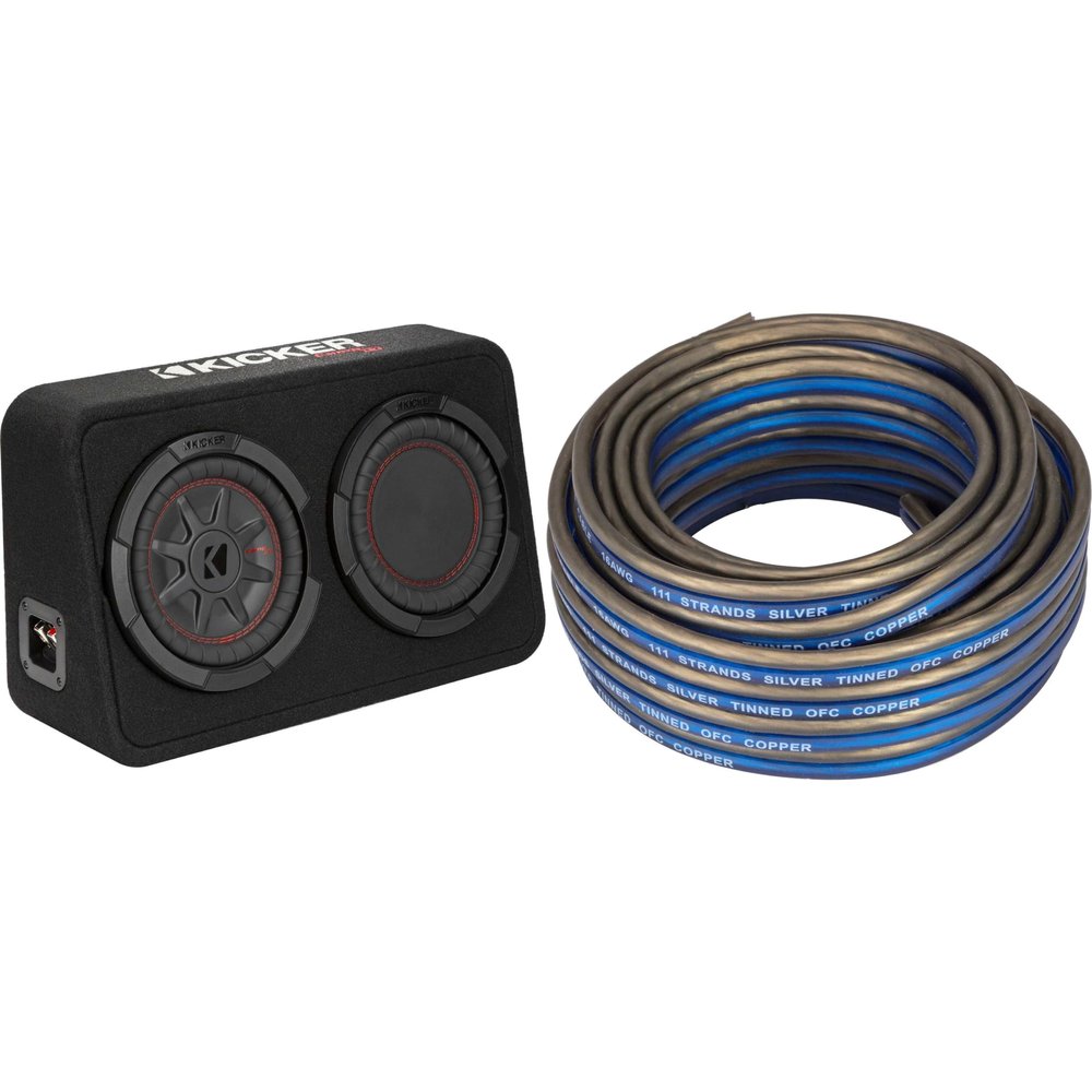 Kicker 48TCWRT82 CompRT 8" subwoofer in Thin Profile Enclosure, 2ohm with Speaker Wire Bundle