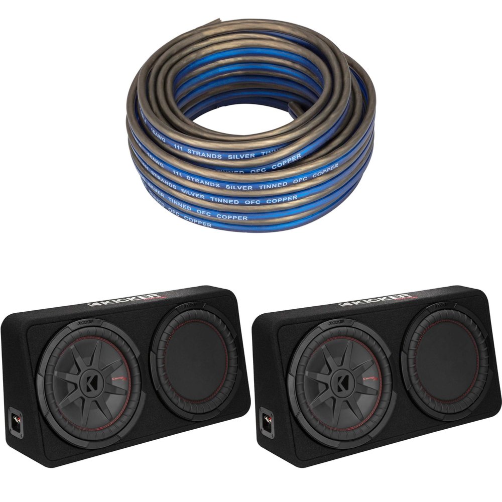 Kicker (2) 48TCWRT122 CompRT 12" subwoofer in Thin Profile Enclosure, 2ohm with Speaker Wire Bundle