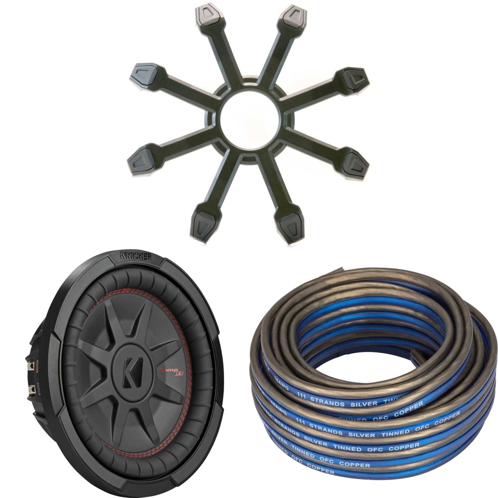 Kicker 48CWRT104 CompRT 10" Subwoofer, DVC, 4-ohm w/Speaker Wire, Grill Bundle