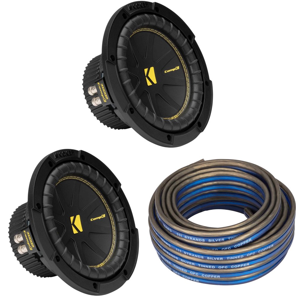 Kicker (2) 50CWCS84 CompC 8" Subwoofer Single Voice Coil 4-Ohm with Speaker Wire Bundle
