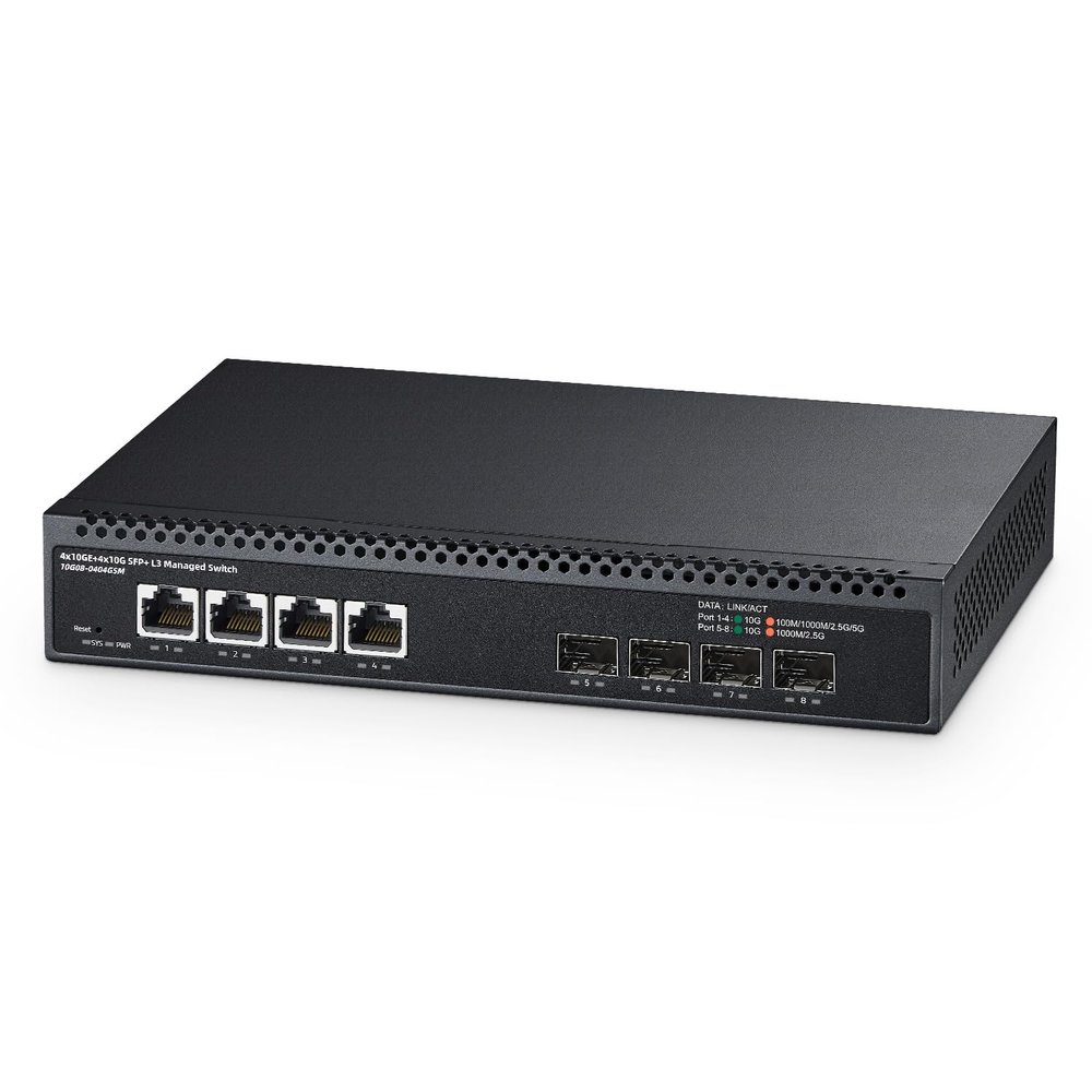 8 Port 10 Gigabit Managed Switch, 4x10G RJ45 Ethernet, 4x10G SFP+, 160Gbps Bandwidth, L3 Web Managed, Metal Small Binardat Network Switch