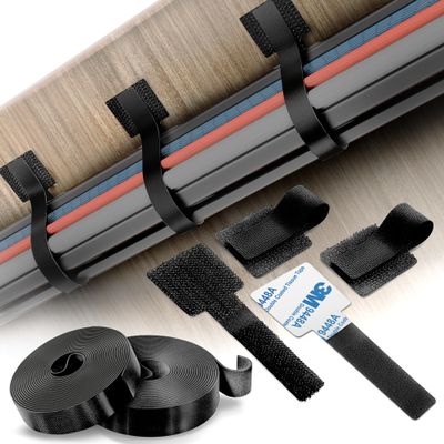 Cable Management Kit 40 Self-Adhesive Hook and Loop Ties with 2 Extension Straps Made with 3M Tape, Back-Sticky Cord Organizer for Under Desk, Wall, Home, Office Adjustable Wire Holders (Black)