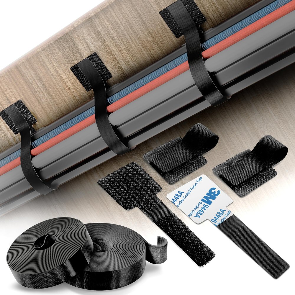 Cable Management Kit  40 Self-Adhesive Hook and Loop Ties with 2 Extension Straps  Made with 3M Tape, Back-Sticky Cord Organizer for Under Desk, Wall, Home, Office  Adjustable Wire Holders (Black)