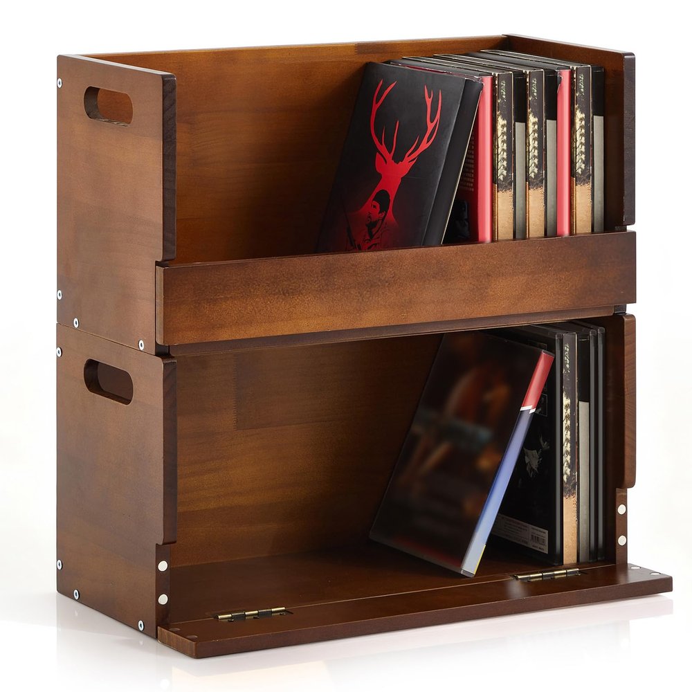 CroBlissful 2 Set Wooden DVD Storage Box DVD Storage Shelf Holder Solid Wood Cassette Tape Display Organizer with Carrying Handle for CD, Movie Cases, Each Organizer Can Store up to 26 Boxes (Brown)