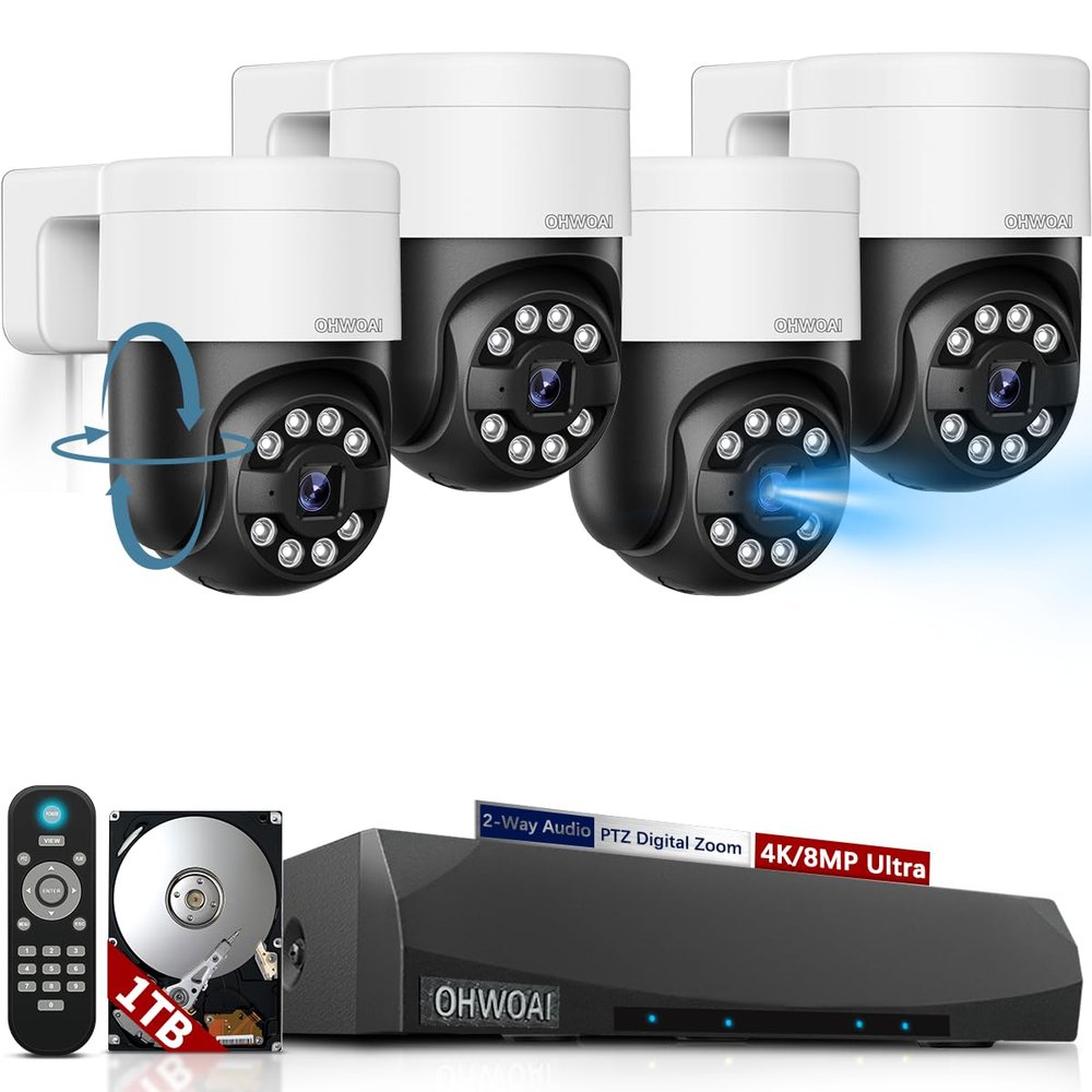 4K/8.0 Megapixel & Smart Auto TrackingWired PTZ Security Camera System, 4K POE Cameras Systems for Home Video Surveillance DVR Kits