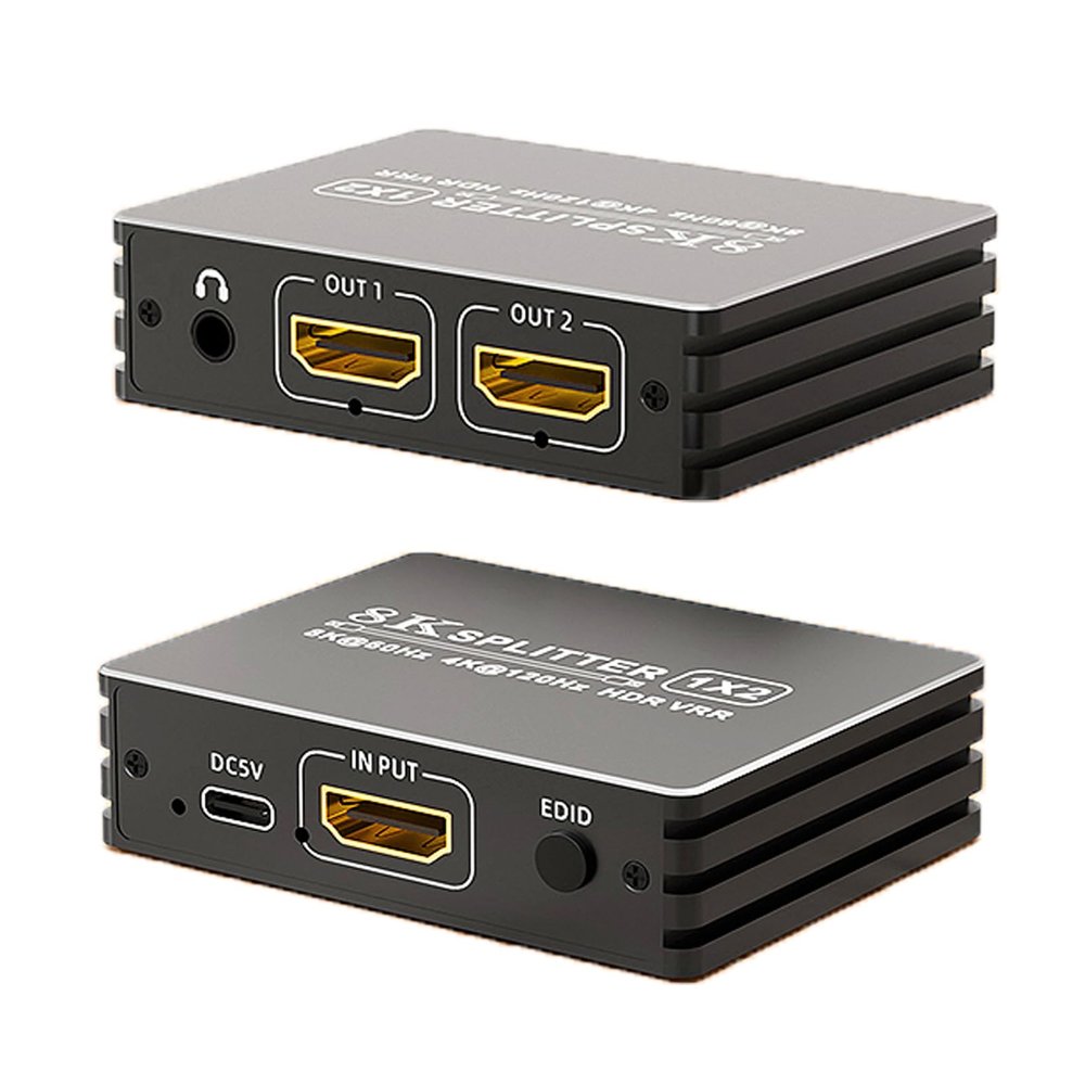 8K HDMI 2.1 Splitter 1 in 2 Out, 1x2 HDMI Splitter Support 8K@60hz, 4K@120hz, EDID, 48Gbps, 3D, HDR 10+, HDCP2.3, Dolby Vision, 3.5mm Audio Output, Mirror Dual Monitors for PS5 SkyQ Xbox NVIDIA AMD NS