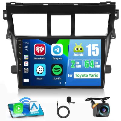 2+64G Car Stereo Radio for Toyota Yaris Vios 2007-2012,9 inch Touch Screen Radio Android 15 Wireless Apple CarPlay Android Auto DSP 32EQ 5G WiFi Bluetooth GPS FM RDS+Free AHD Backup Cam